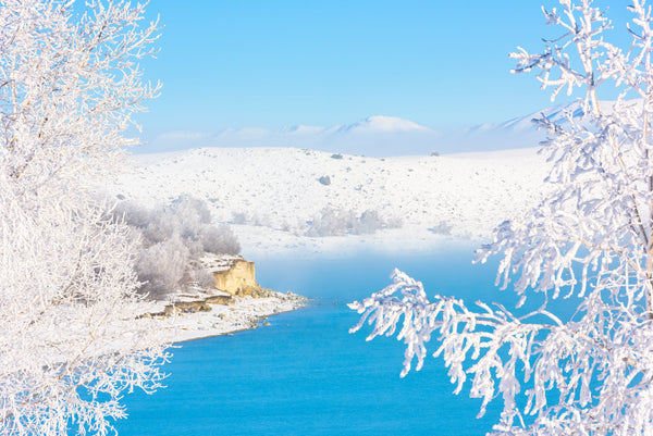 Thick morning fog clears revealing a magical winters wonderland on the shores of Lake Pukaki, Mackenzie Country.