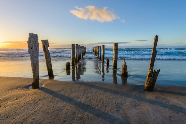 Morning sunlight casts shadows across the St Clairs Beach, Dunedin.