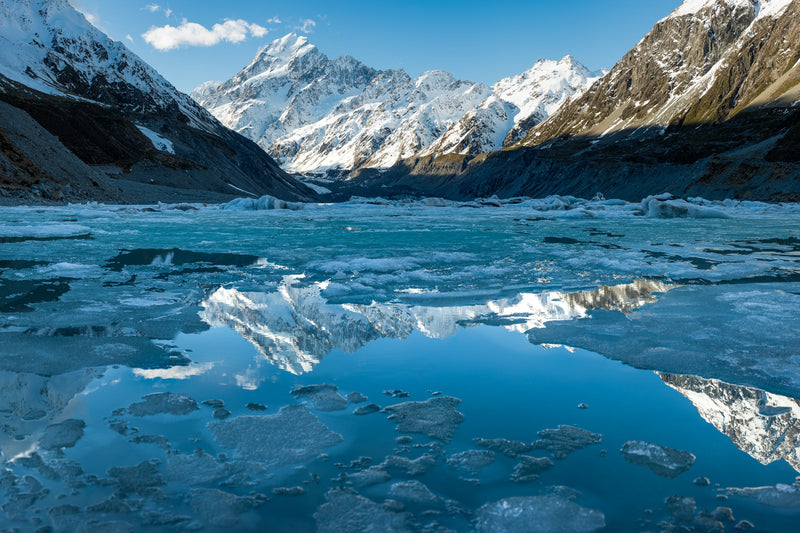 Afternoon light on Aoraki/Mt Cook with reflections on a calm Hookers Lake, one winters day.