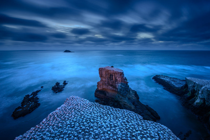 Darkness falls over stormy seas looking westward from the cliff tops at Muriwai Beach, West Auckland.