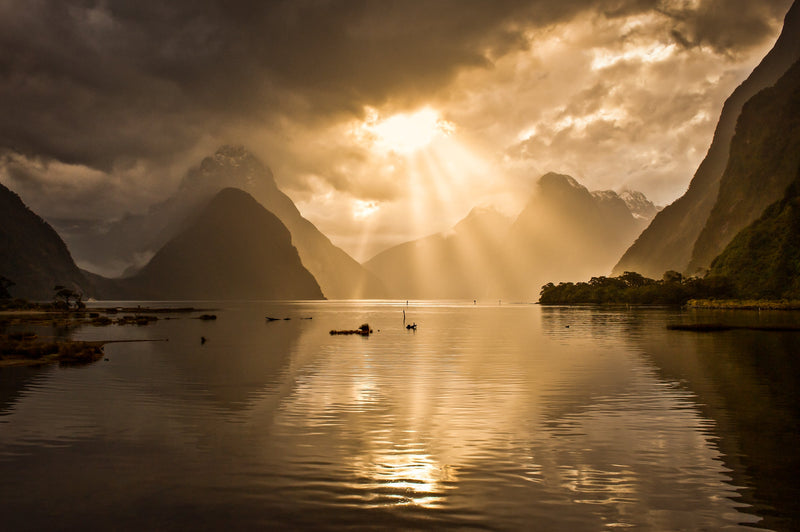 Afternoon sunrays pierce the clouds over the calm waters of Milford Sound, Fiordland.