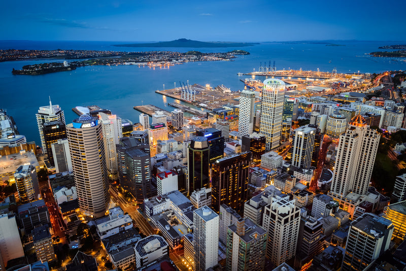 The view over the Central Business District in Auckland over looking Watemata Harbour and Rangitoto Island in the distance in the Hauraki Gulf.