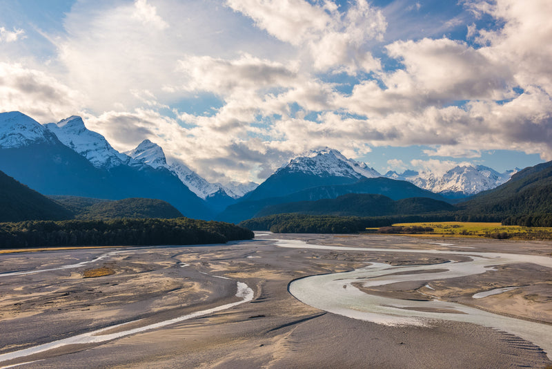 The braided waters of the Dart River as it flows out of the headlands at Paradise.