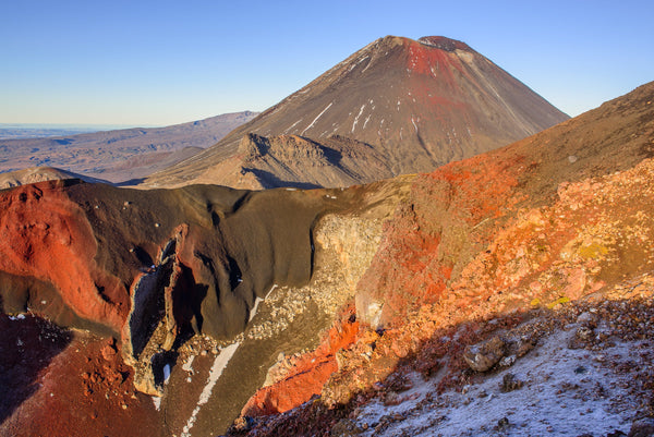 Golden morning light on the Red Crater, with Mt Ngauruhoe standing tall in the distance.