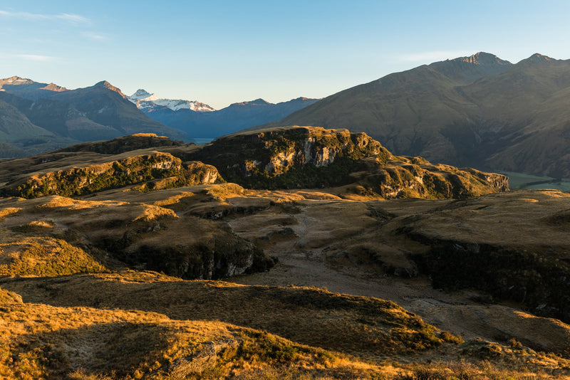 Looking the Matukituki Valley, and Mt Aspiring National Park in the early morning autumn light. Taken from Rocky Mountain, Wanaka
